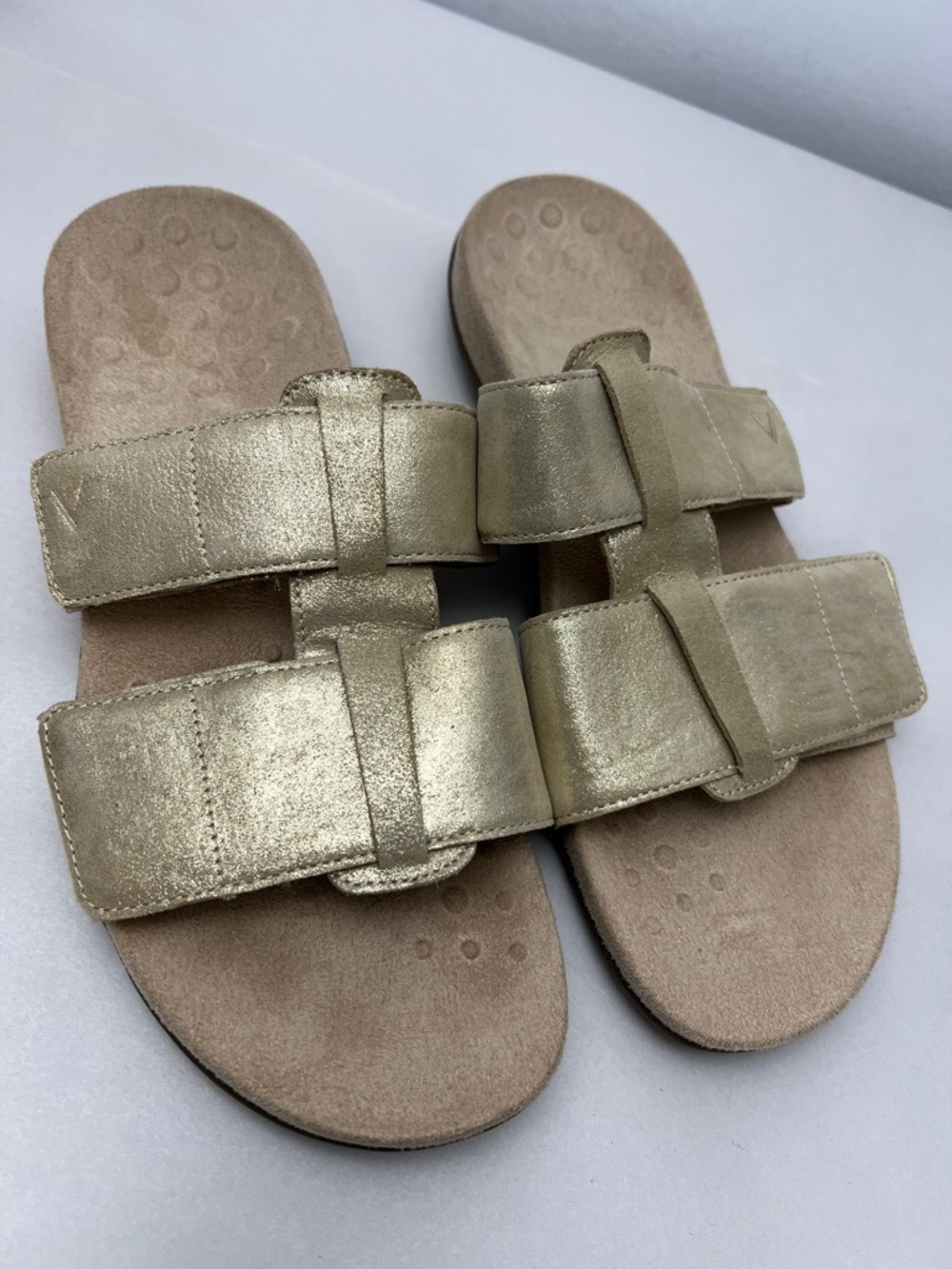 Vionic Riley Metallic Gold Velcro Double Strap Slide Sandals sz 8